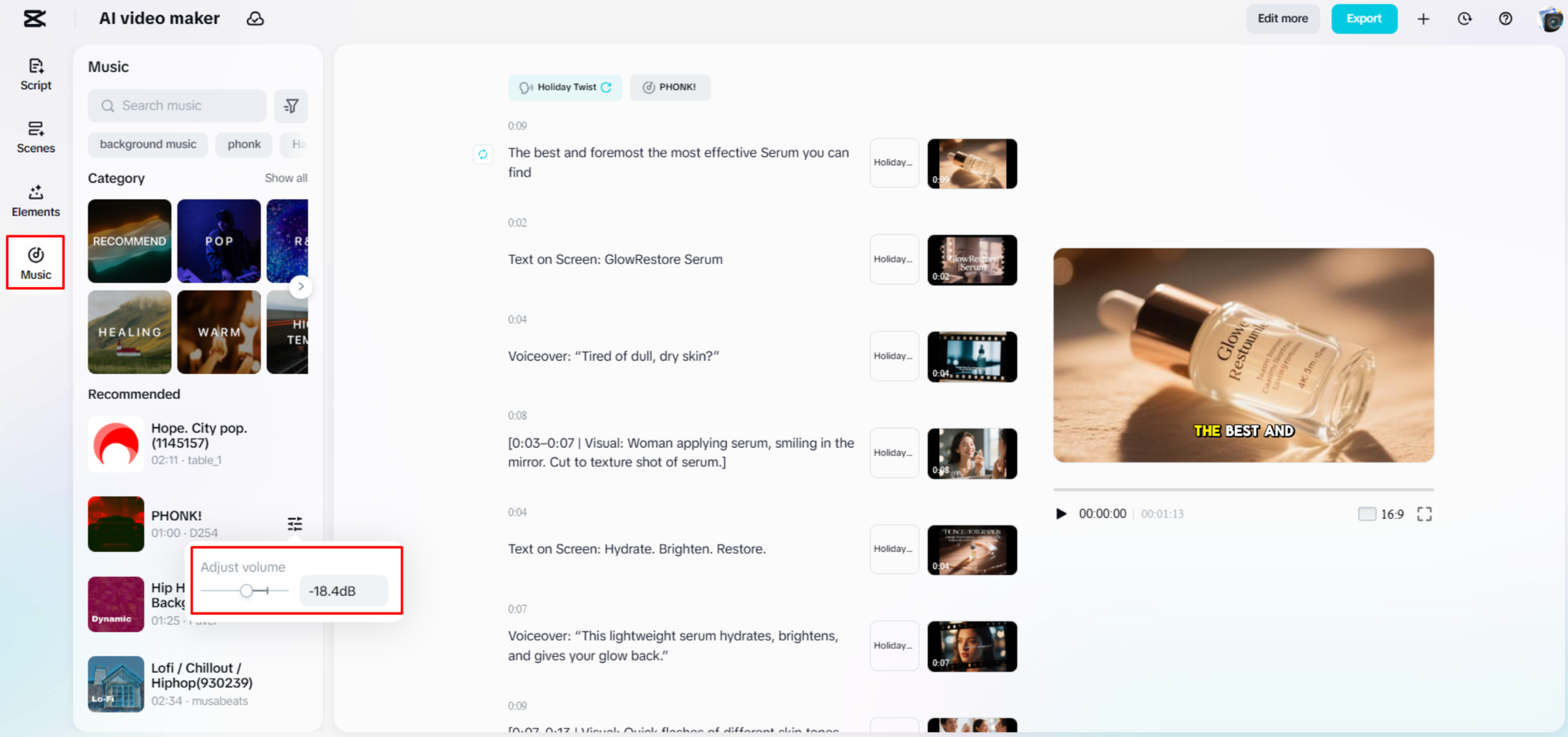 Adding a background track to a product video with CapCut Web