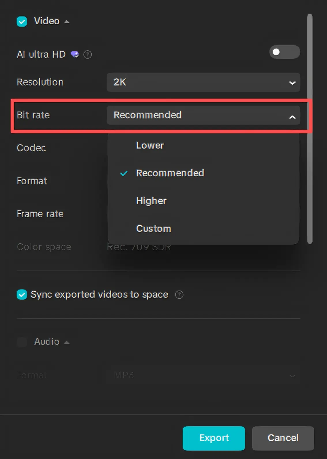 Impostazioni bit rate nel CapCut client