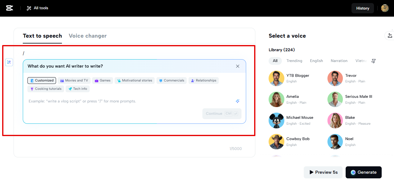 CapCut Web outil TTS IA scripteur