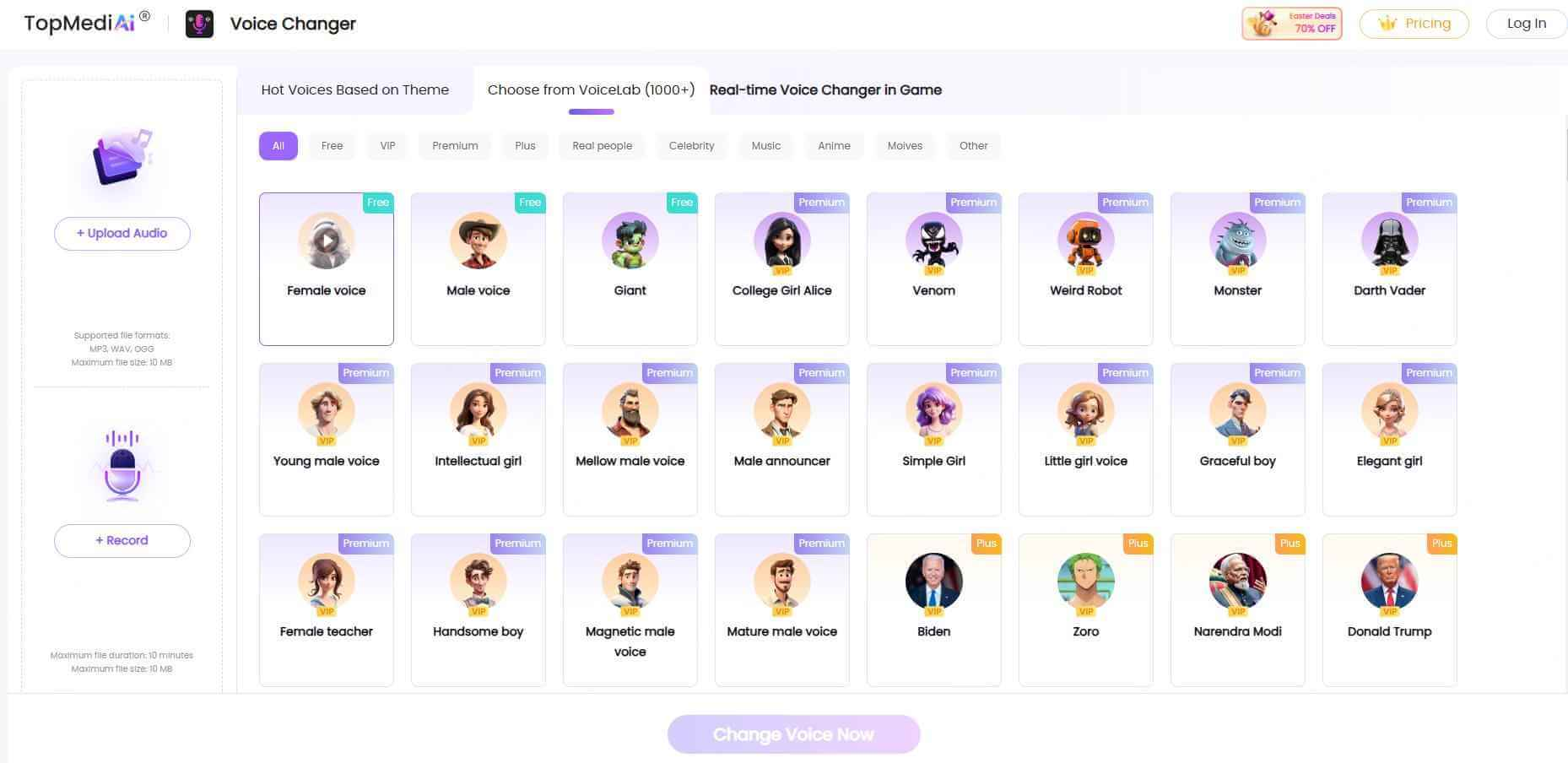 Interafce of TopMediaai - เครื่องเปลี่ยนเสียงสาวอนิเมะออนไลน์ฟรี