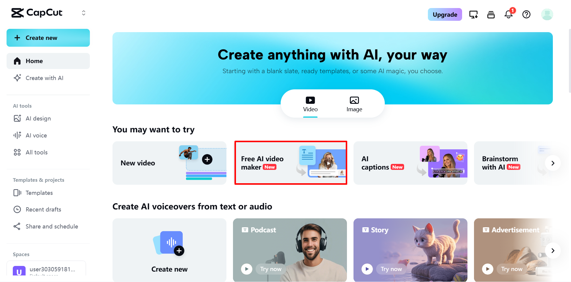 Accessing the AI video maker in CapCut