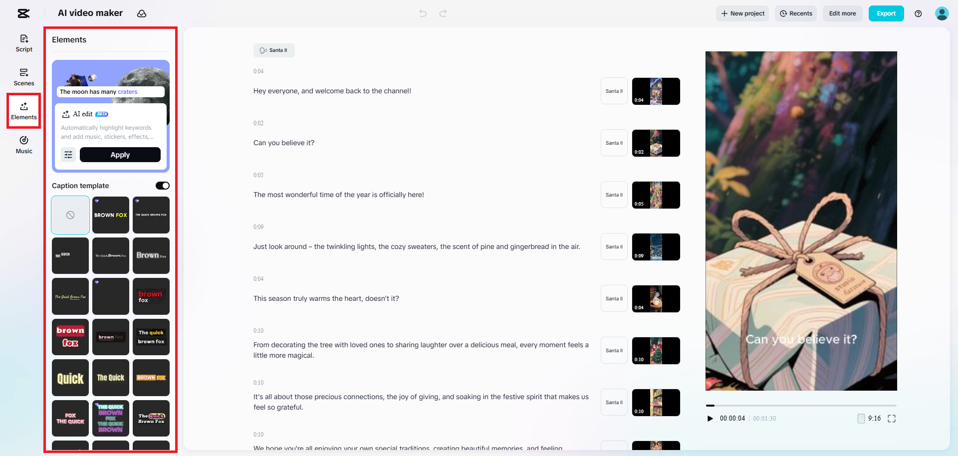 Select the elements you want to be included in your video