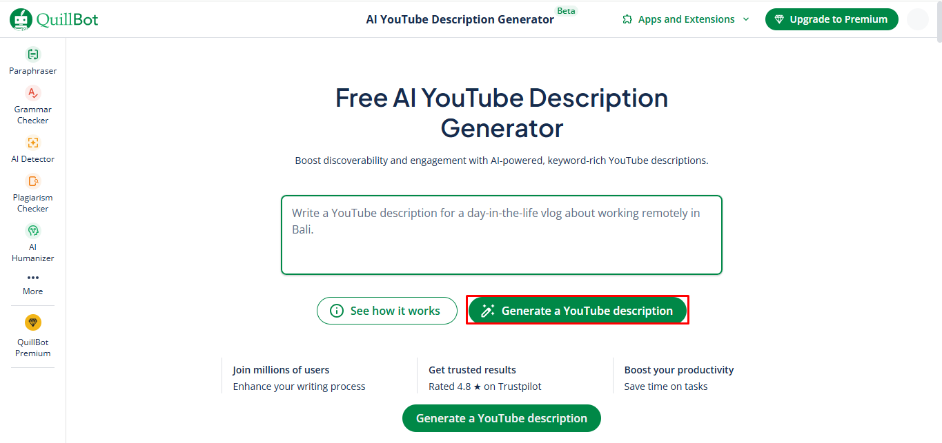 QuillBot - another best AI video description generator
