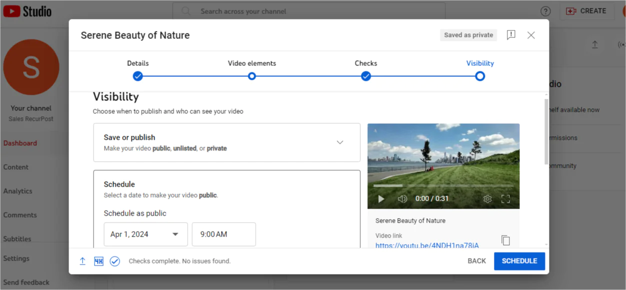 定期的なビデオアップロードのためのYouTubeスケジューリングツール。