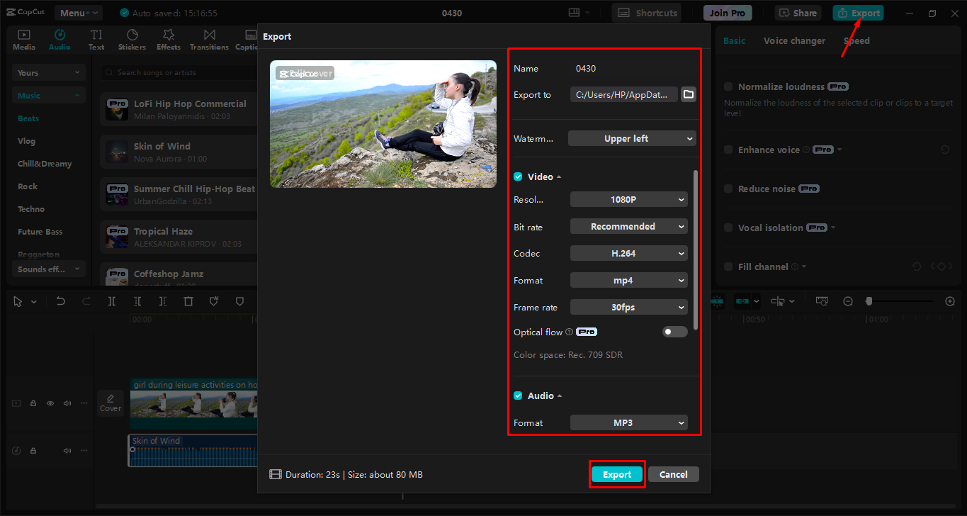Exportação de vídeo do editor de vídeo para desktop CapCut
