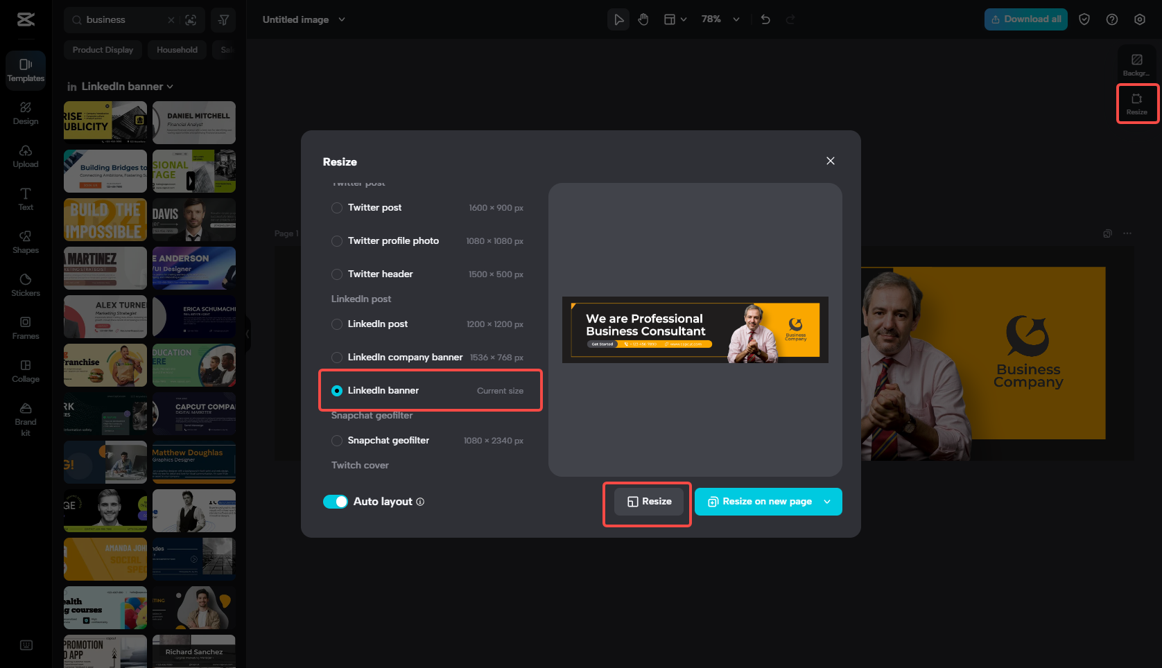 Resize the canvas for the LinkedIn banner