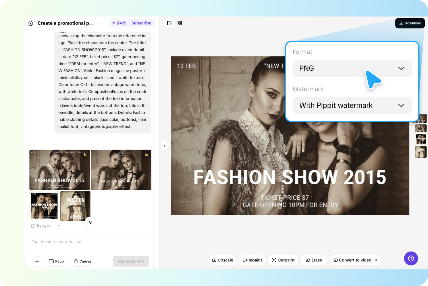 Exporting image from Pippit