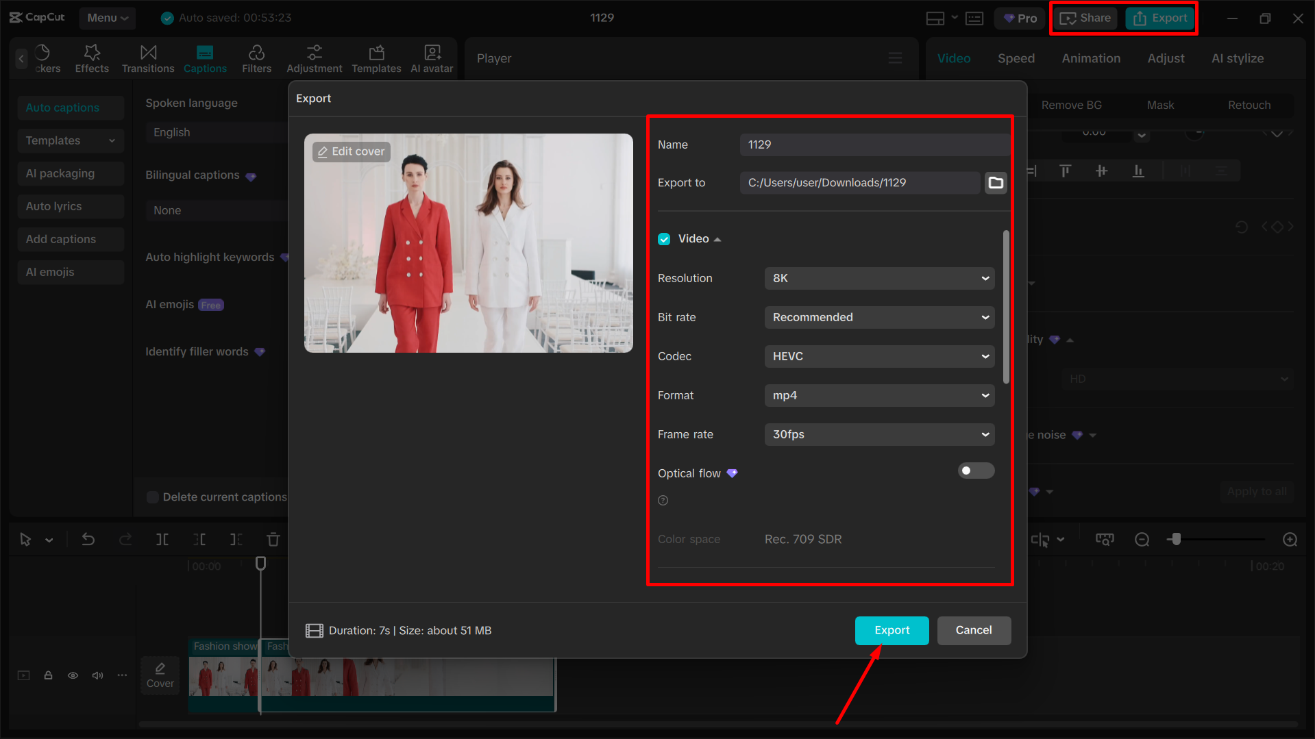Real CapCut video export screen showing resolution, frame rate and quality settings