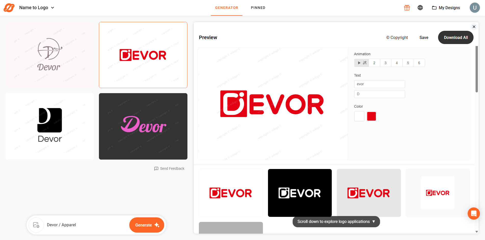 Antarmuka SologoAI - pembuat desain logo pakaian online.