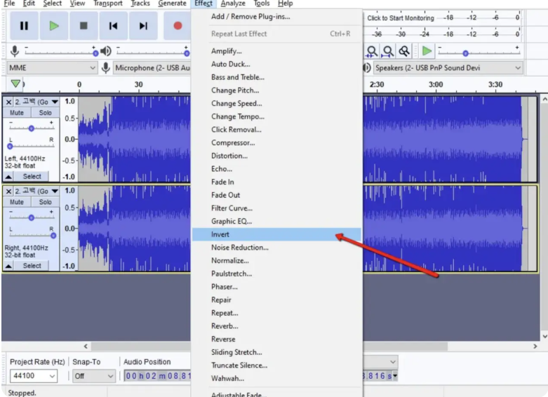 Invert the bottom track in Audacity