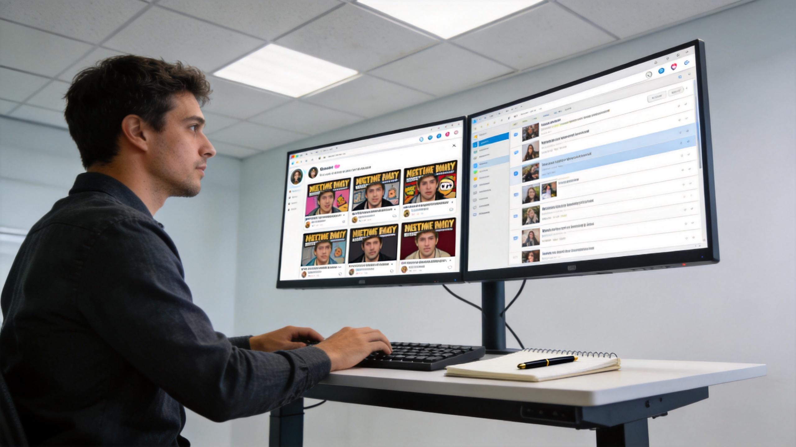 Man at dual monitors browsing meme posts and social media feed at a desk