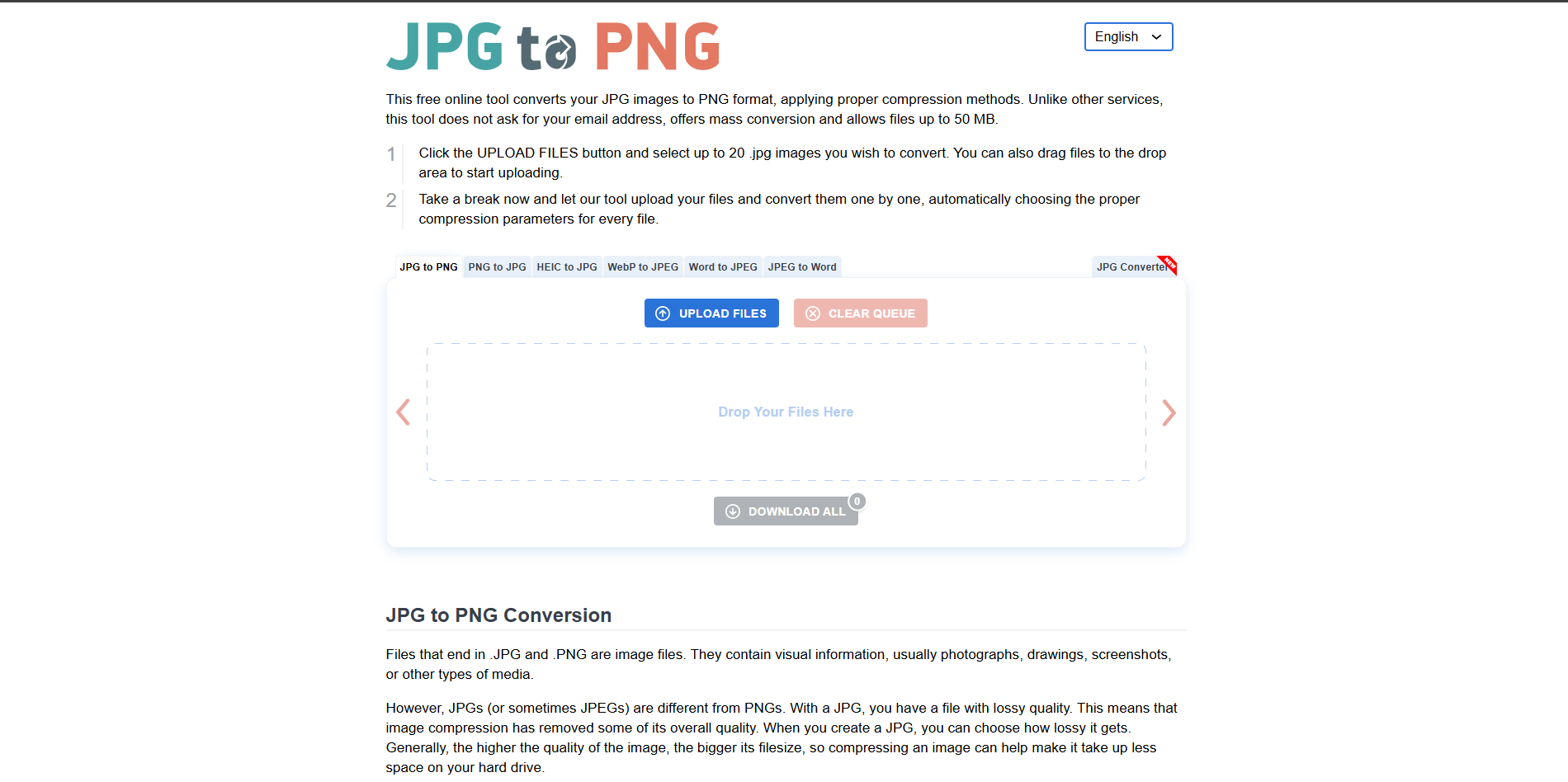 Interfaz de JPG a PNG: un convertidor de JPG a PNG fácil de usar.
