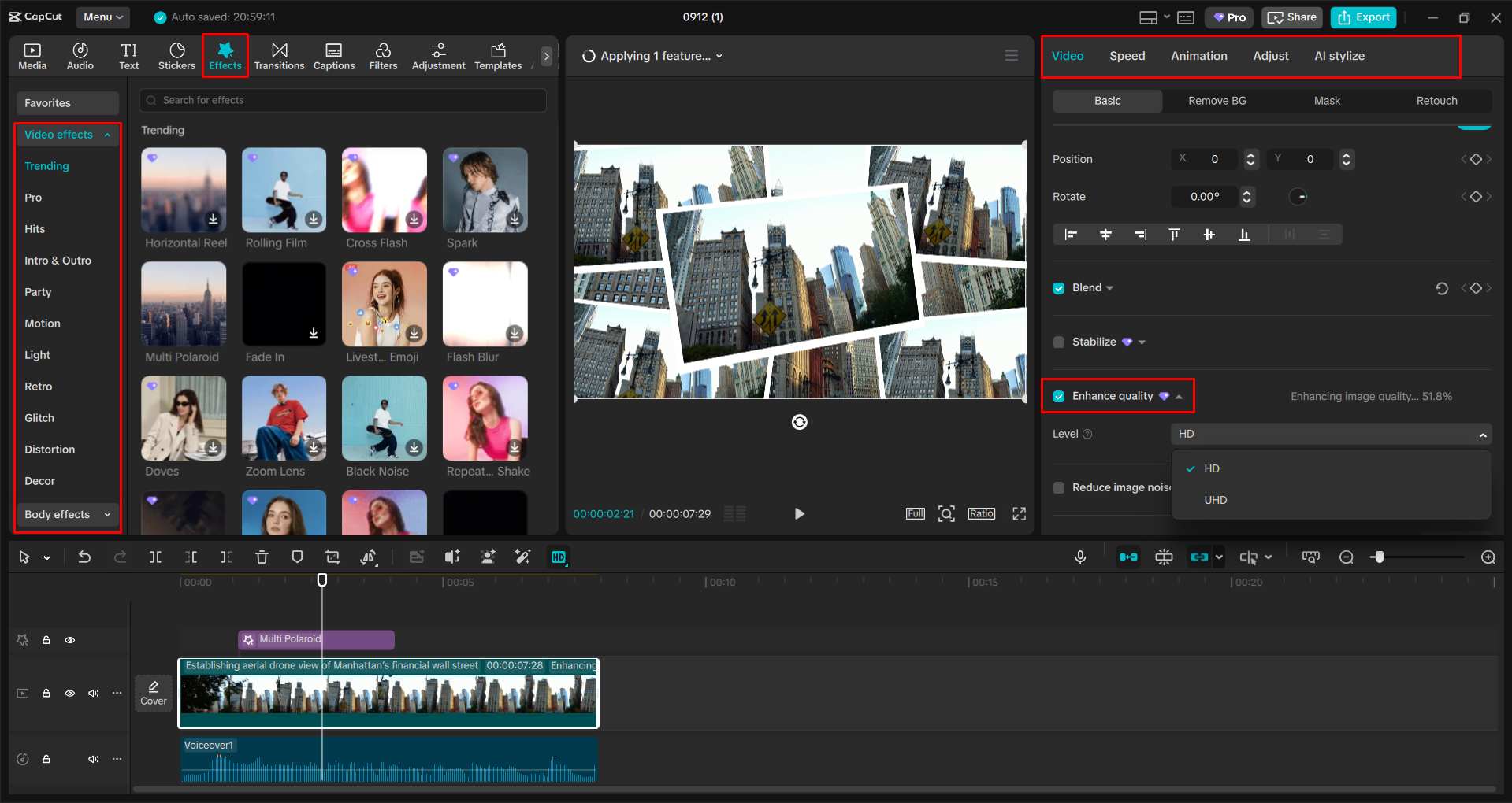 Upscaling and applying video effects with the CapCut desktop video editor