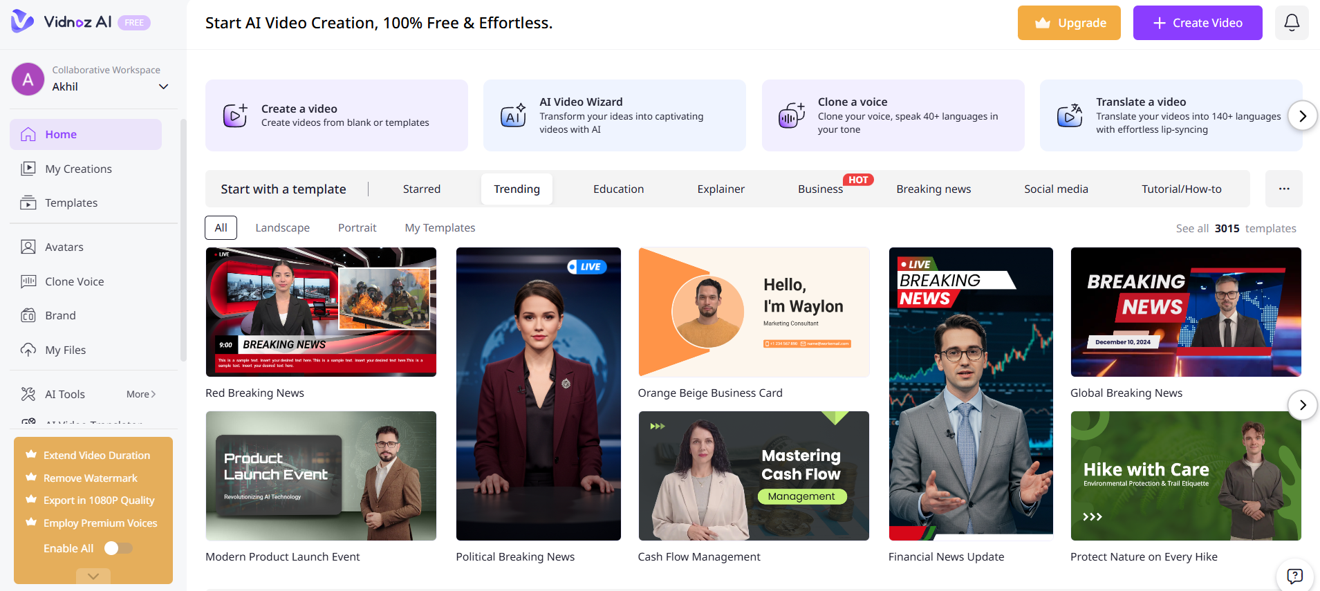 Vidnoz AI startpagina