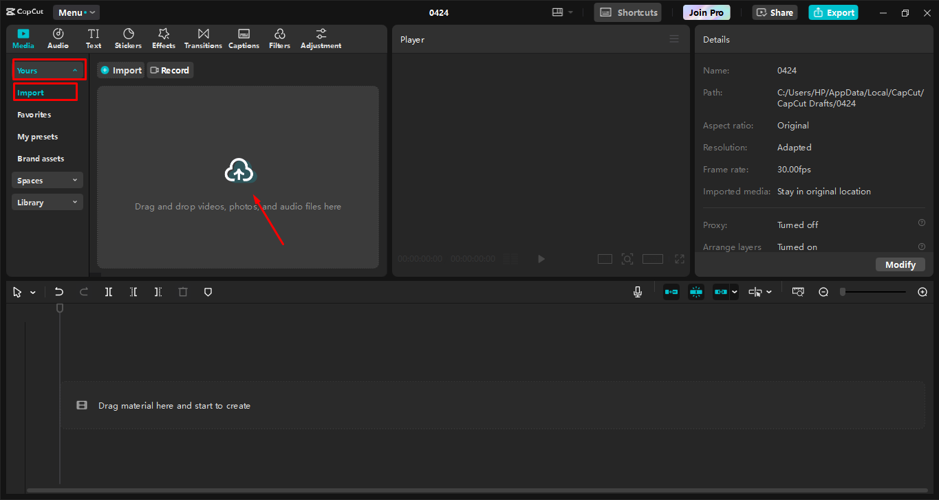 Importar um podcast no editor de vídeo para desktop CapCut