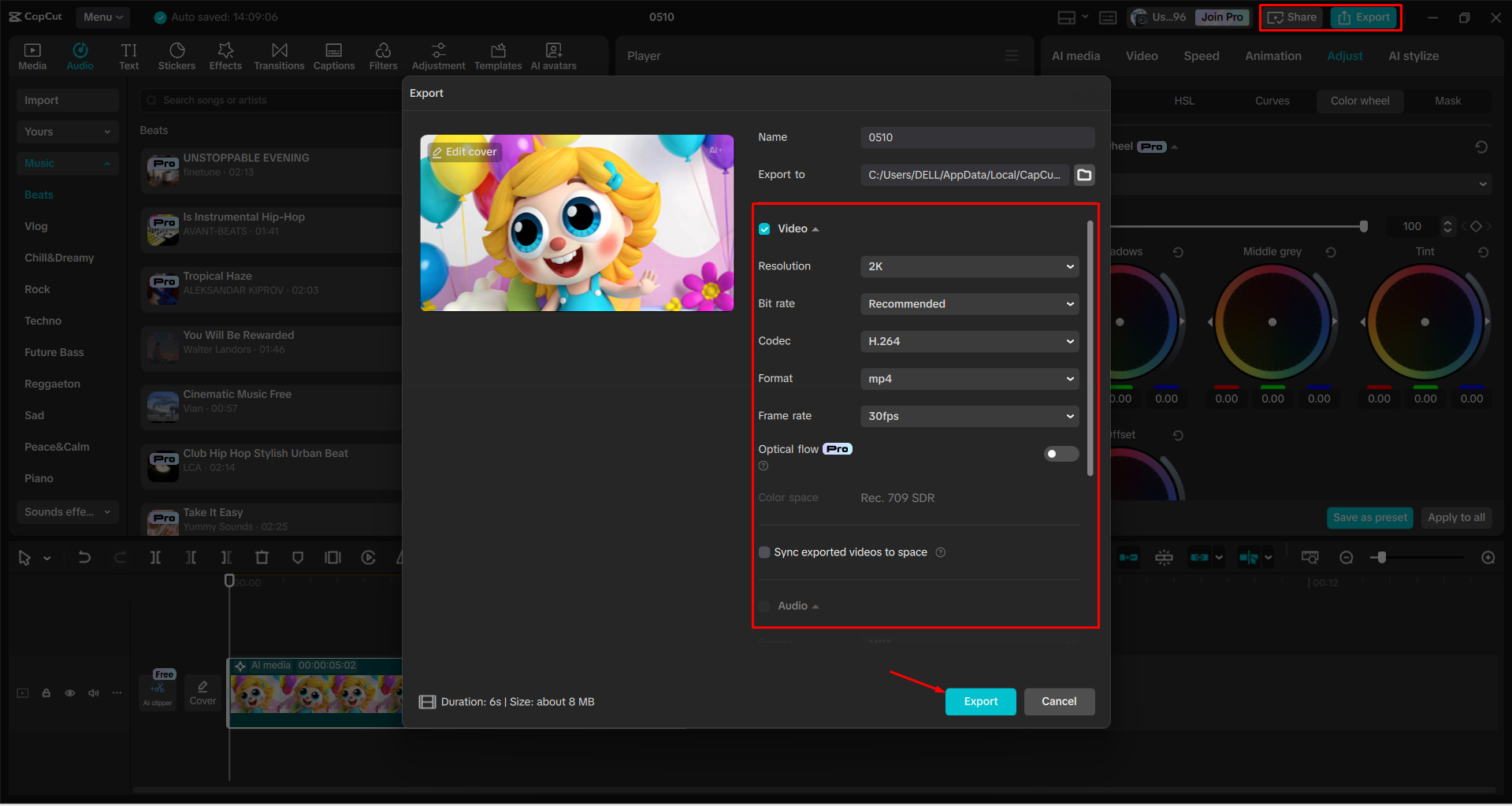 Esportazione di un video dall' CapCut editor video desktop