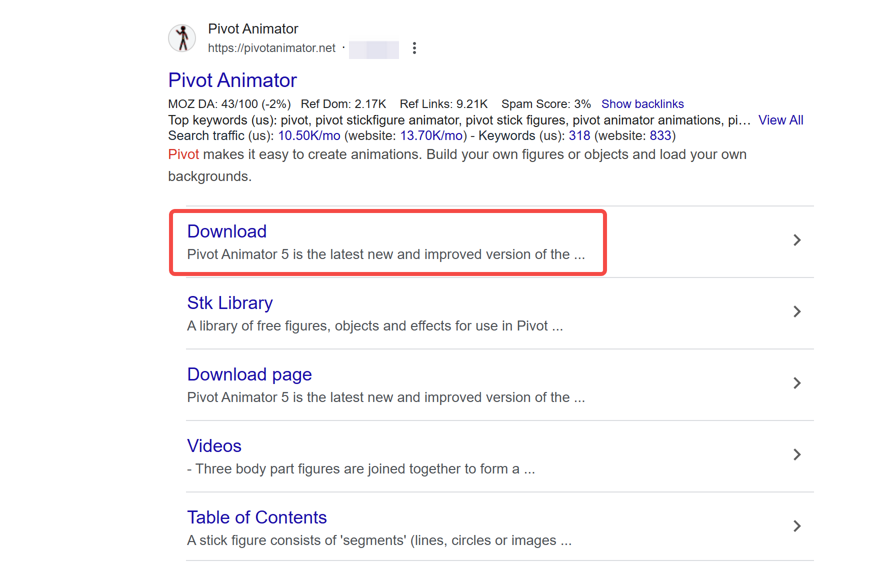 Besuch der Download-Seite von Pivot animator in einem Browser