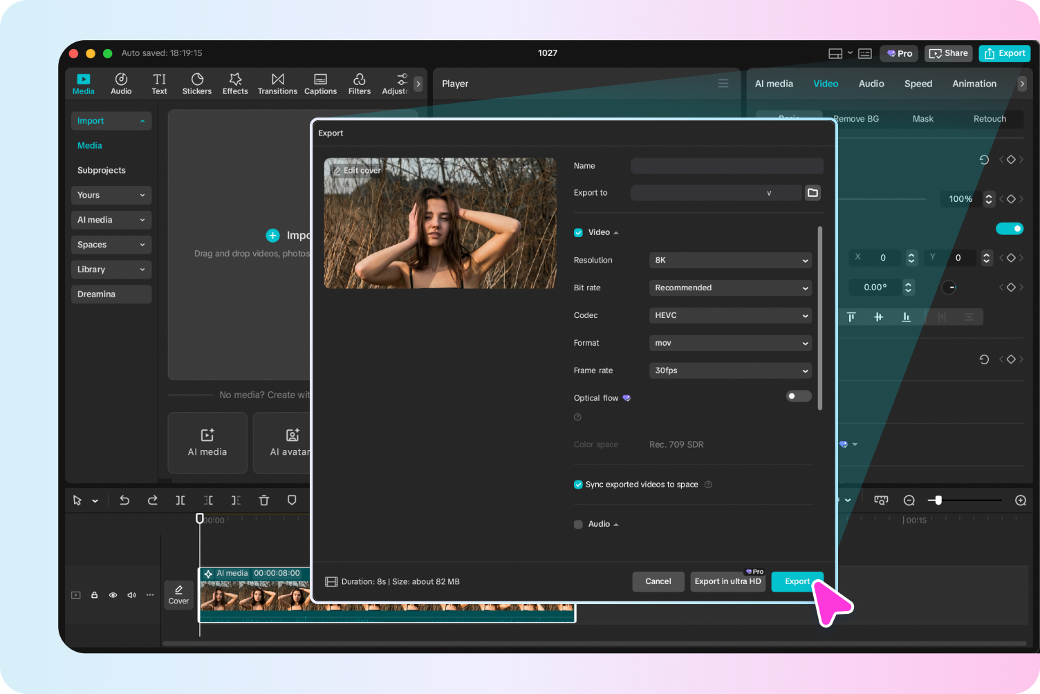 Exporting and sharing AI-generated video in CapCut.