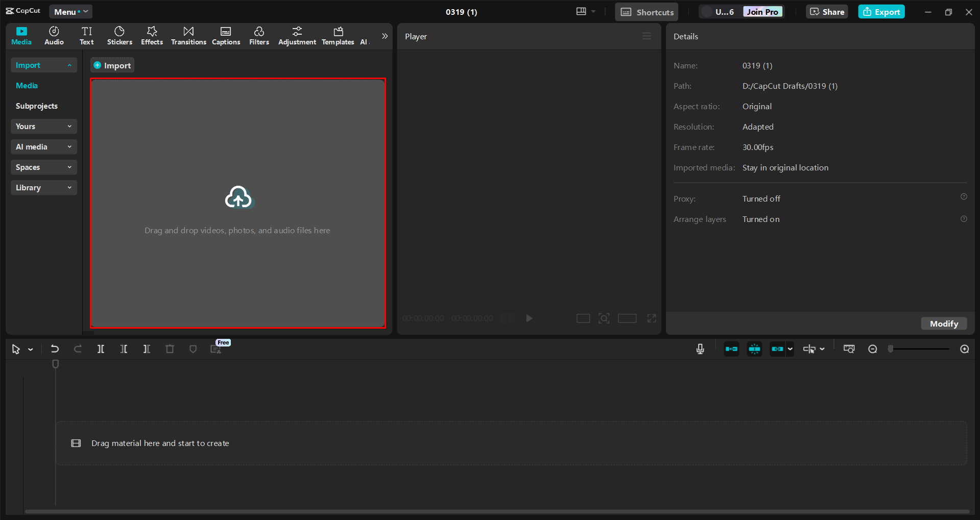 Importar um vídeo para o editor de vídeo de desktop CapCut