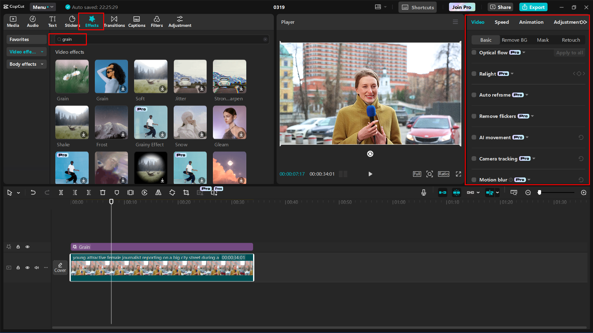Interface de l' CapCut éditeur vidéo de bureau ajoutant un effet de grain aux médias