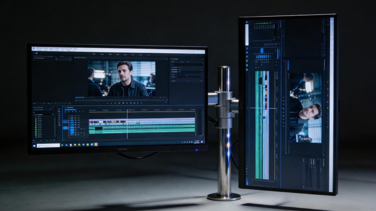 Dual monitors show a video editing timeline with a man's portrait and vertical clip preview