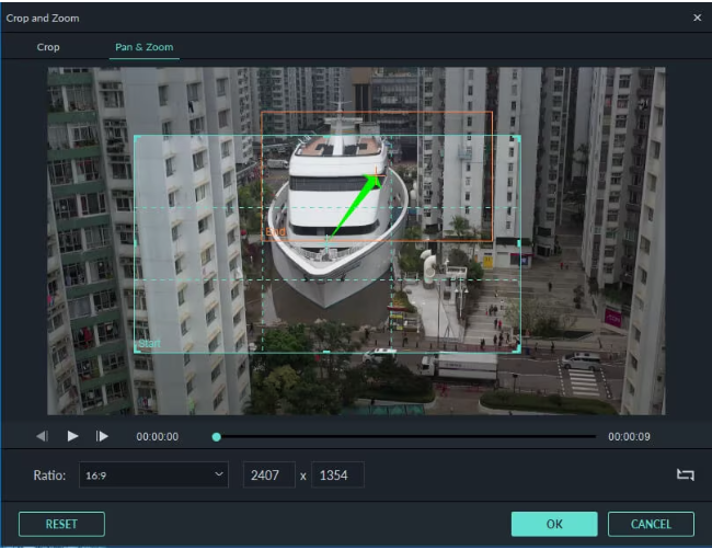 Adjusting the starting and ending points of zoom in Wondershare Filmora