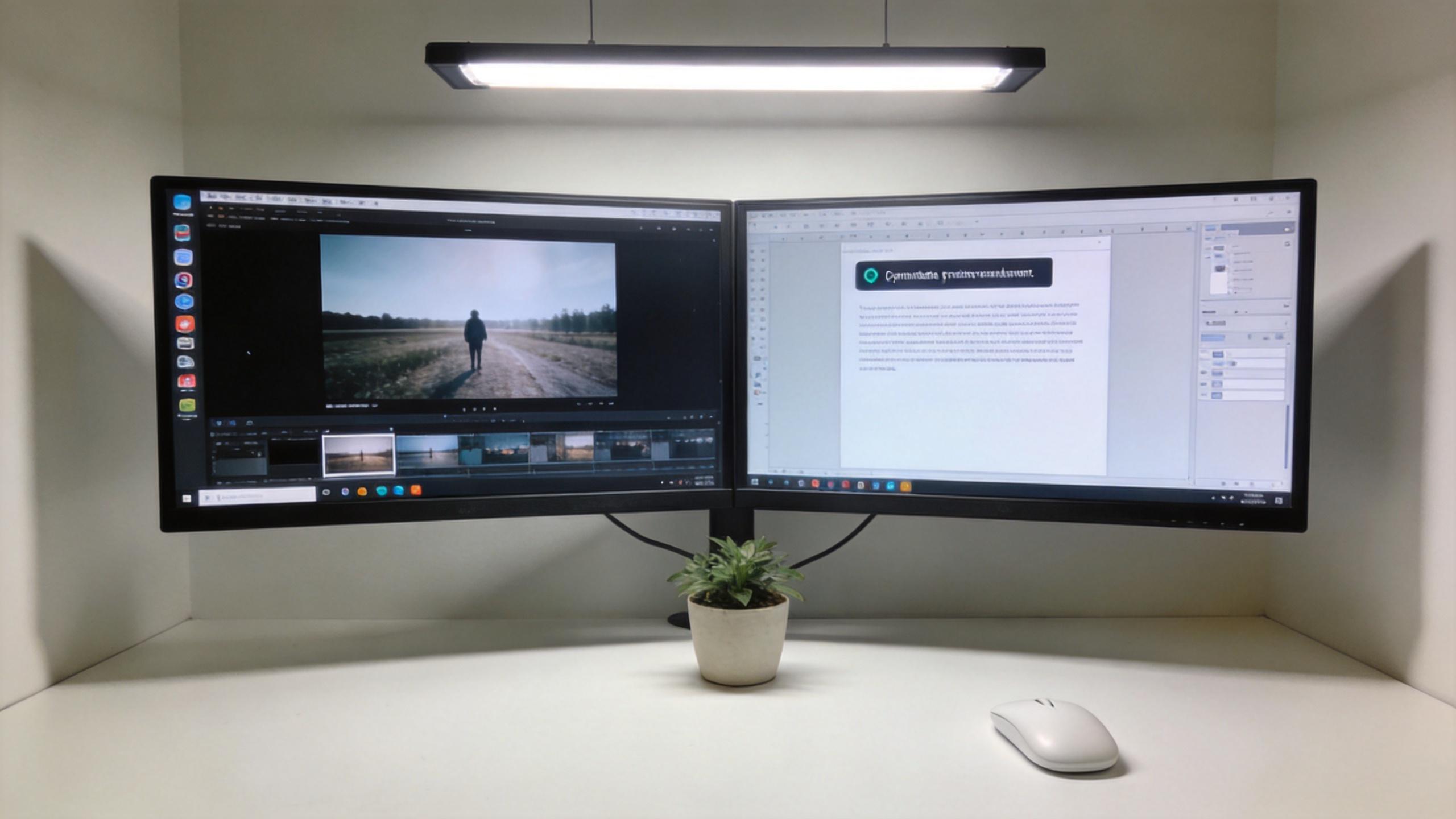 Dual monitors show a video editor and a document editor on a tidy desk