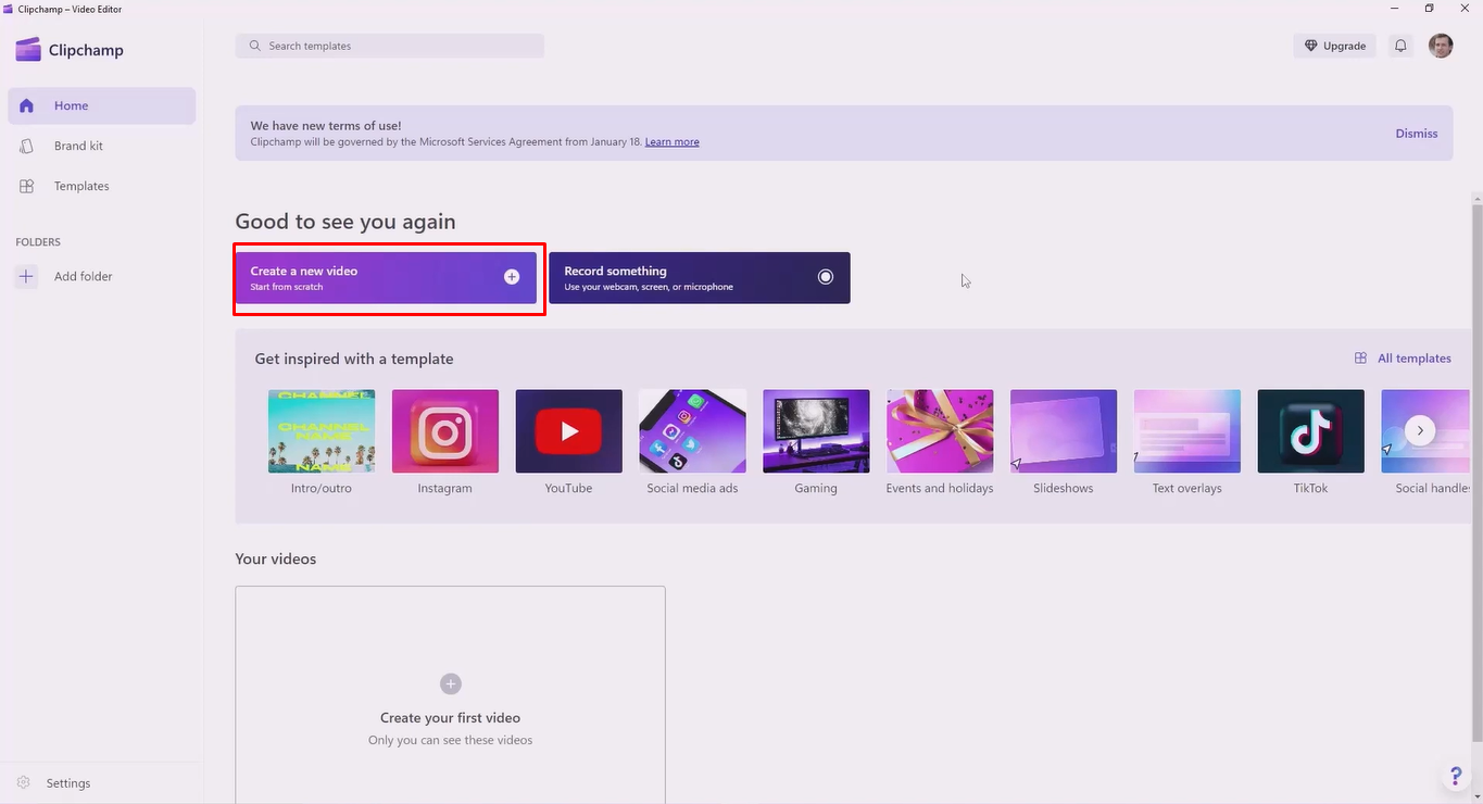 Interfaccia del registratore dello schermo Clipchamp che mostra come iniziare un nuovo progetto