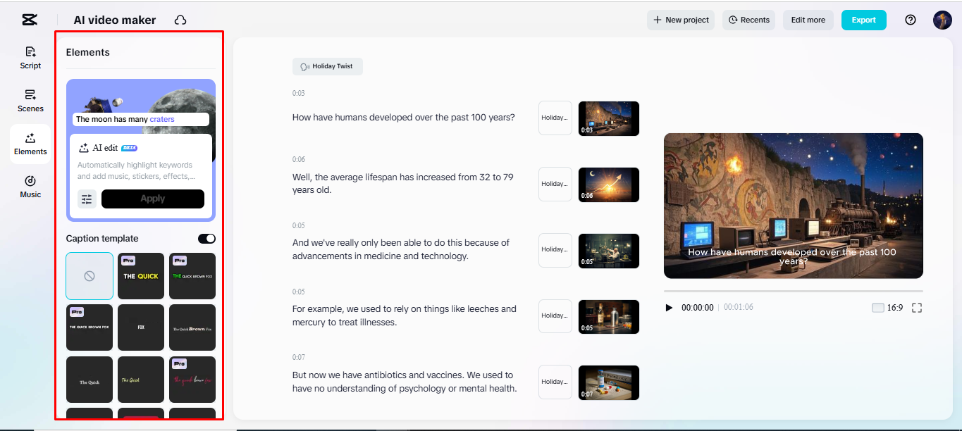 Adding caption templates to a video using CapCut's AI video maker