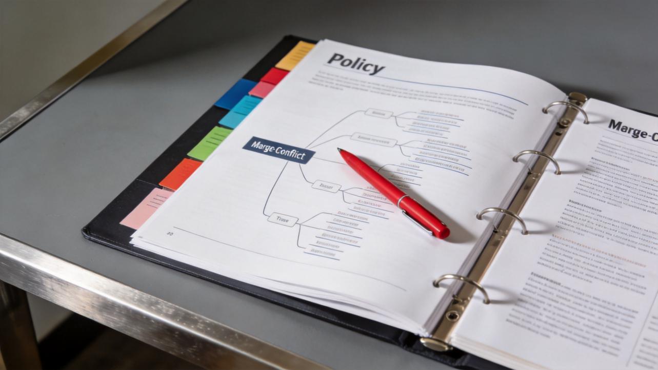 Open binder with policy pages, a red pen, and colorful tab dividers on a desk
