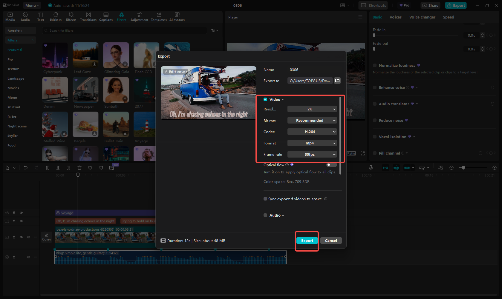 Exporting the music video in CapCut