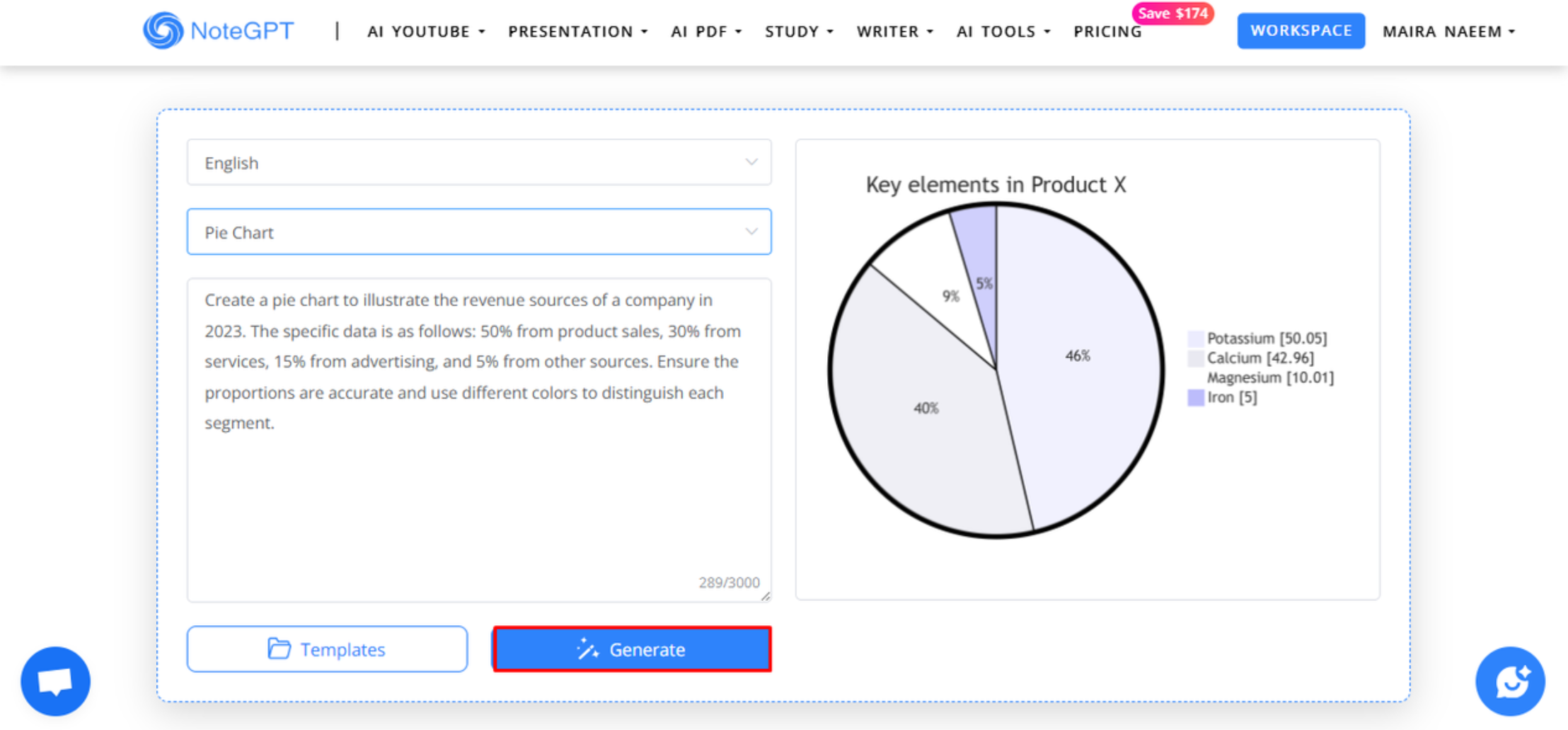 Interface de NoteGPT - un fabricant de graphiques à secteurs facile à utiliser