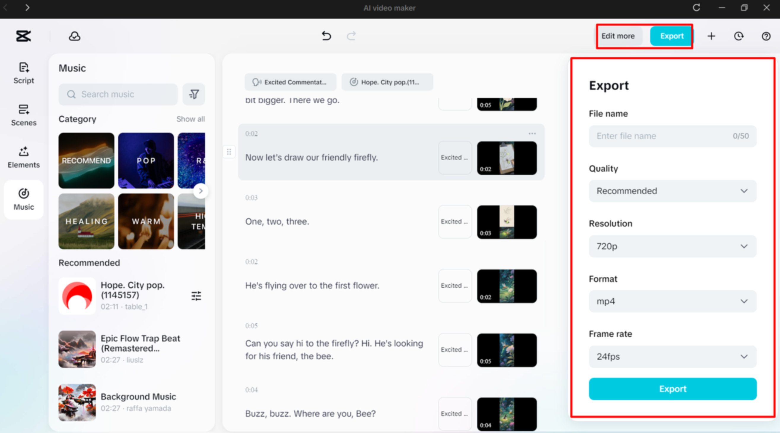 Exporting the final video from CapCut's AI video maker