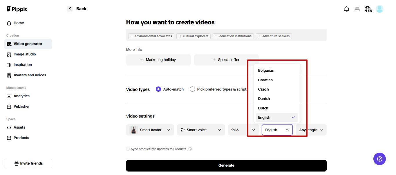 Wielojęzyczne generowanie wideo w Pippit