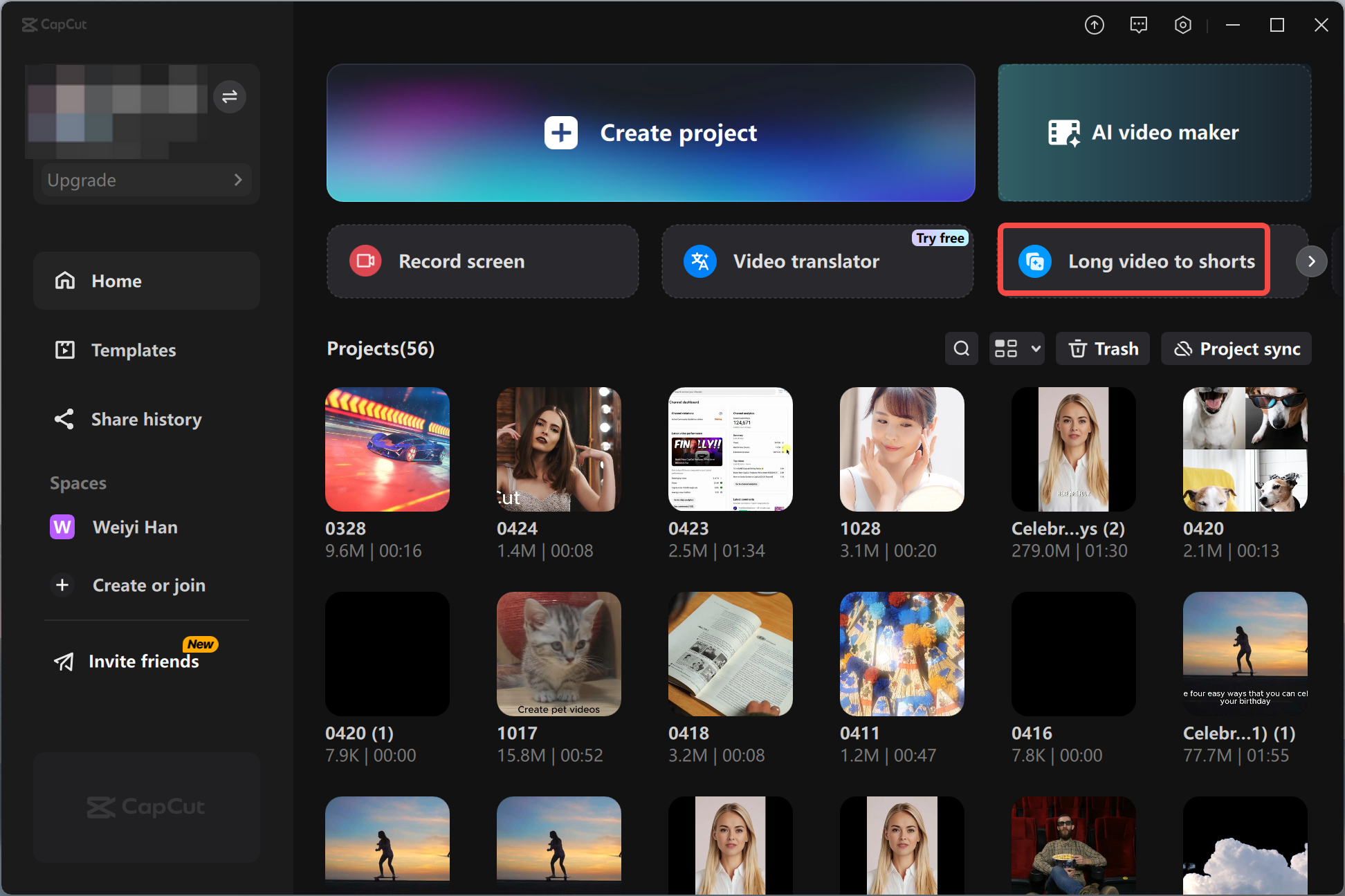 Accessing the long video to shorts tool in the CapCut desktop video editor