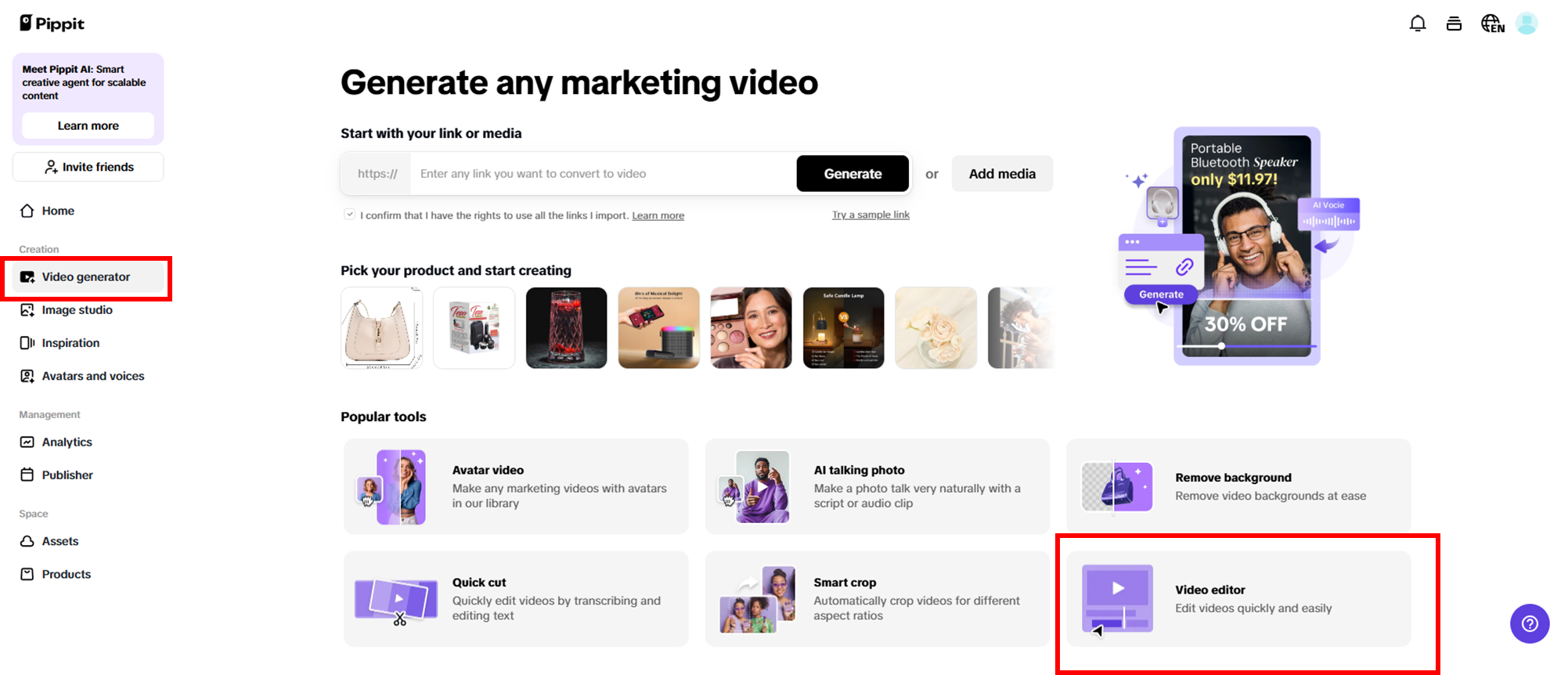 Upload and edit on Pippit