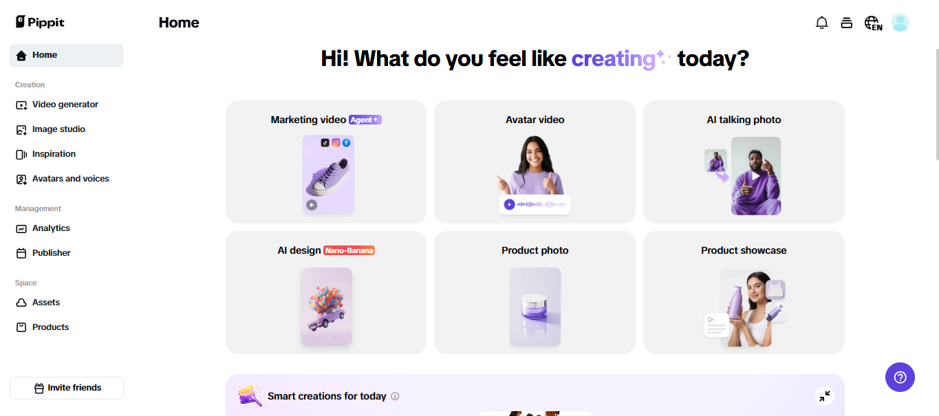 Pantalla de inicio de Pippit