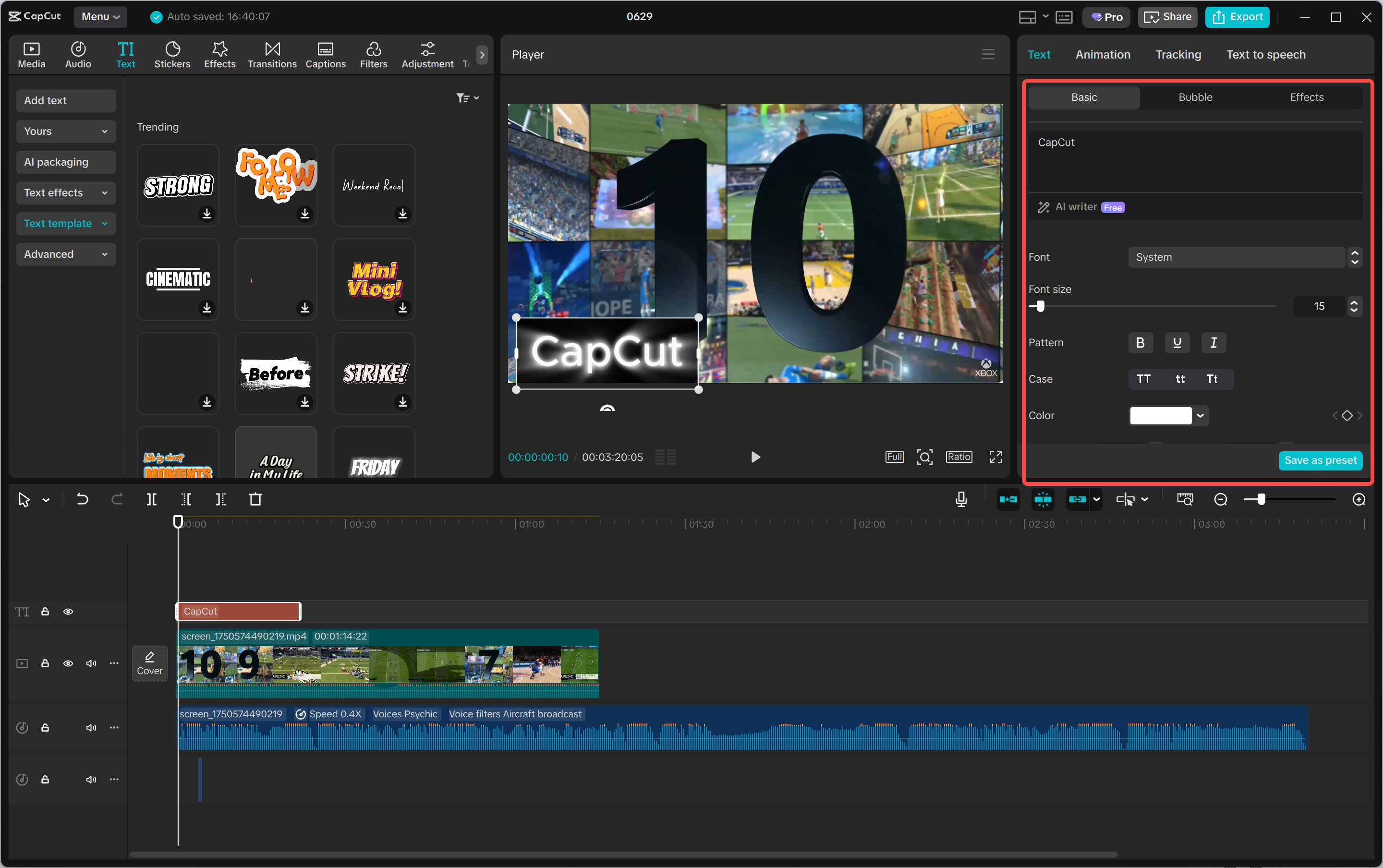 CapCut Video-Editor-Schnittstelle mit Textanpassungsoptionen.