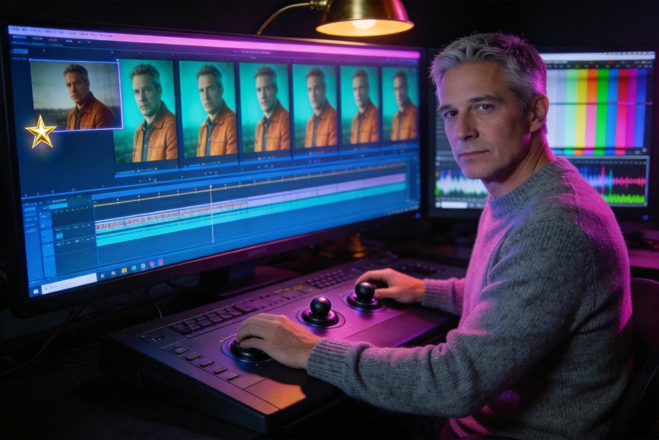 Video editor adjusting color on multiple clips in a timeline on dual monitors