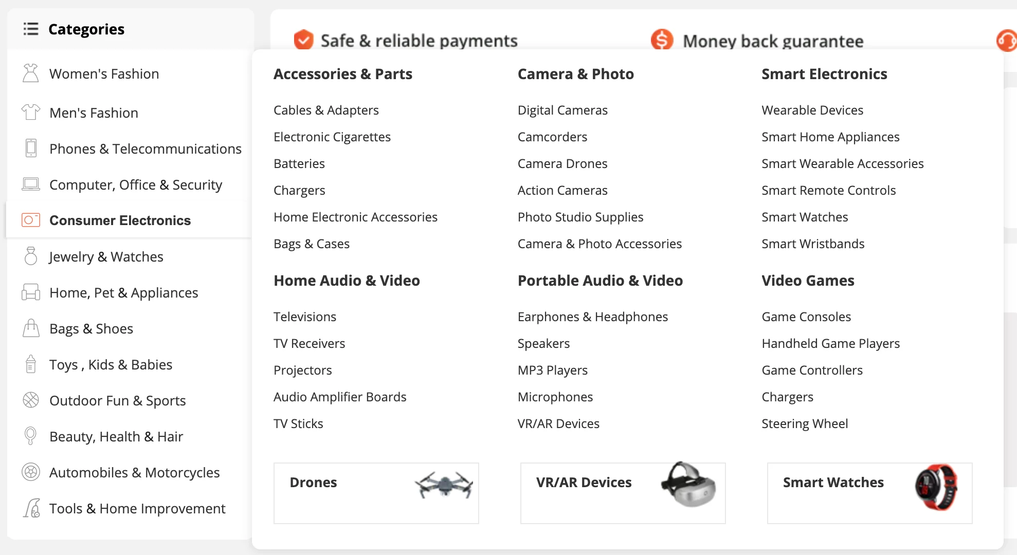AliExpress different product categories