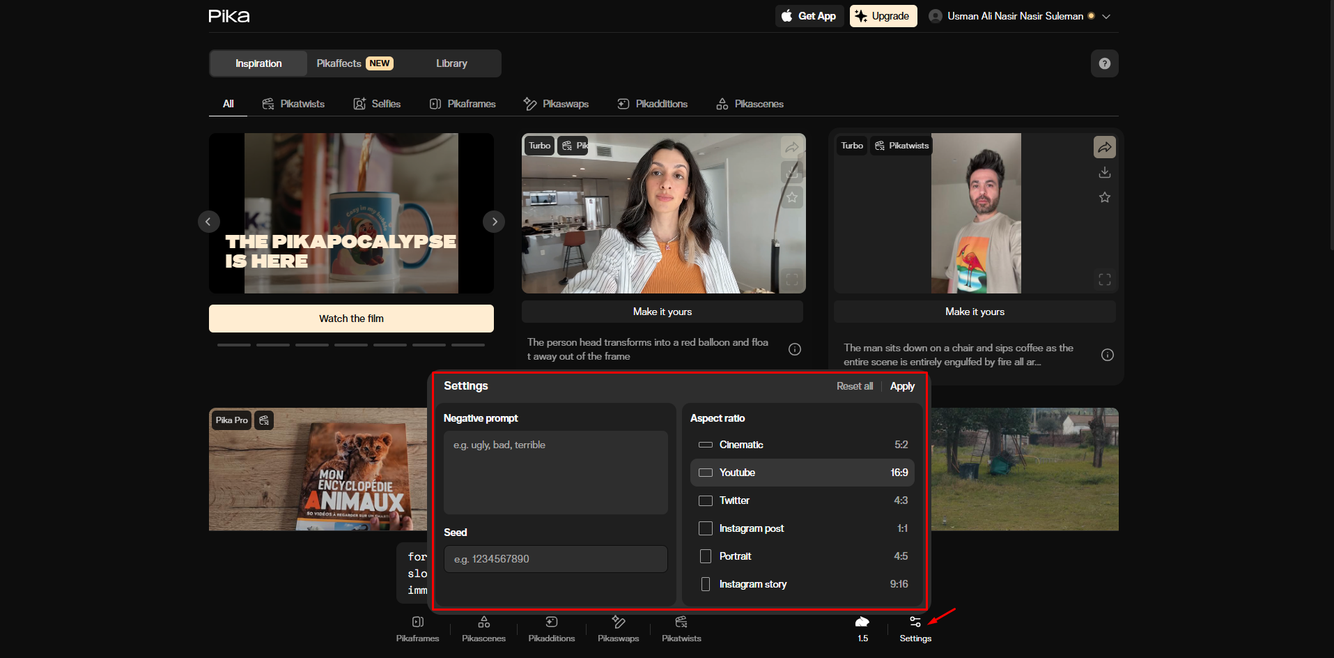 Choosing a suitable video setting in the Pika AI video generator