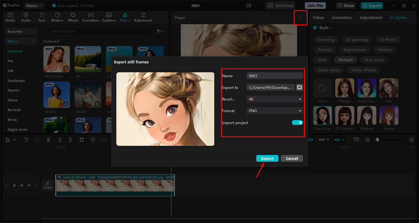 Esportazione dell'immagine finale dall' CapCut editor video desktop