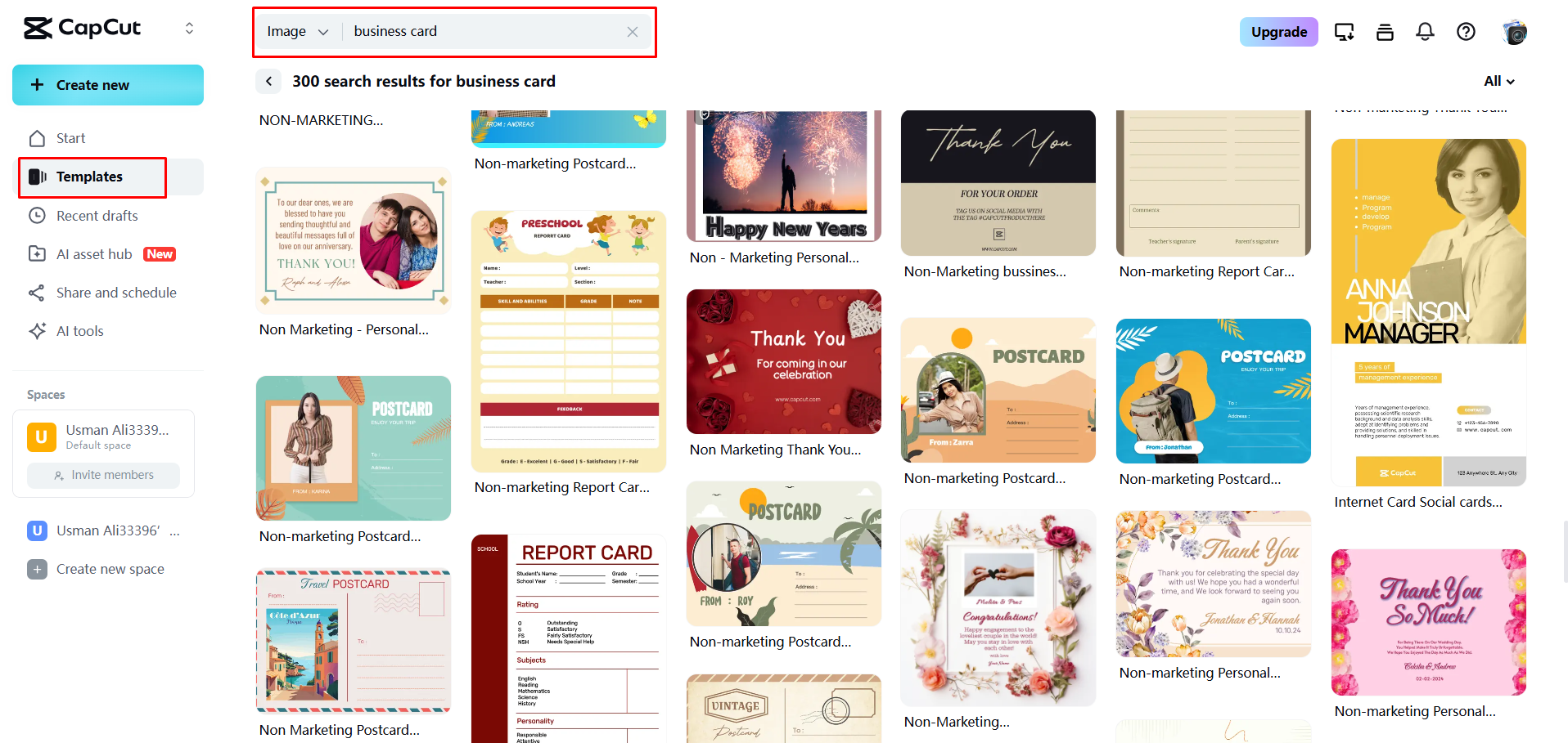 Memilih template kartu nama menarik di CapCut Web