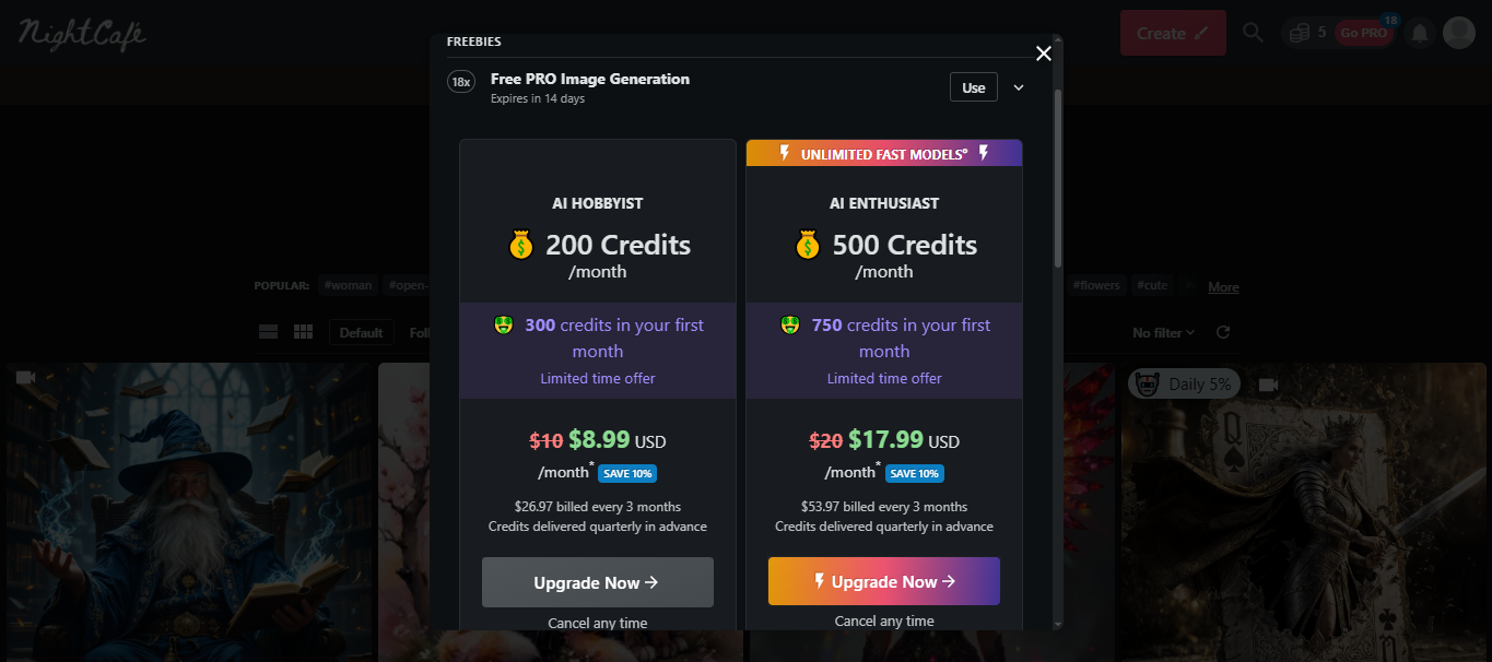 Planes de precios de NightCafe