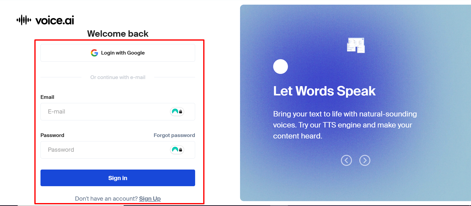 Signing in Voice.ai text-to-speech