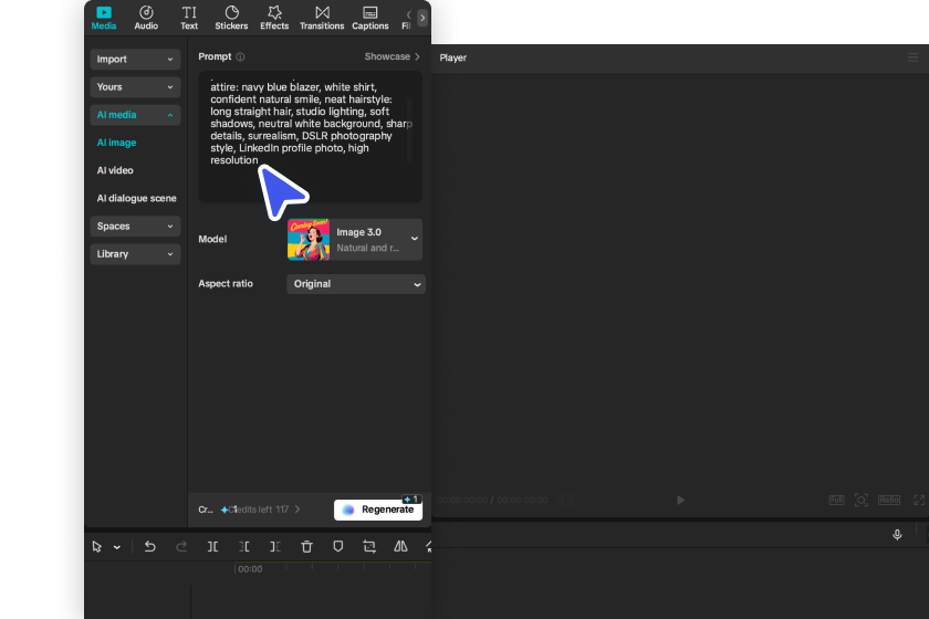 CapCut AI picture generator interface for entering a description or uploading a reference image