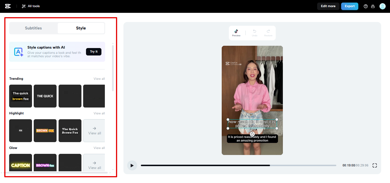 แม่แบบคำบรรยายล่วงหน้าของ CapCut Web