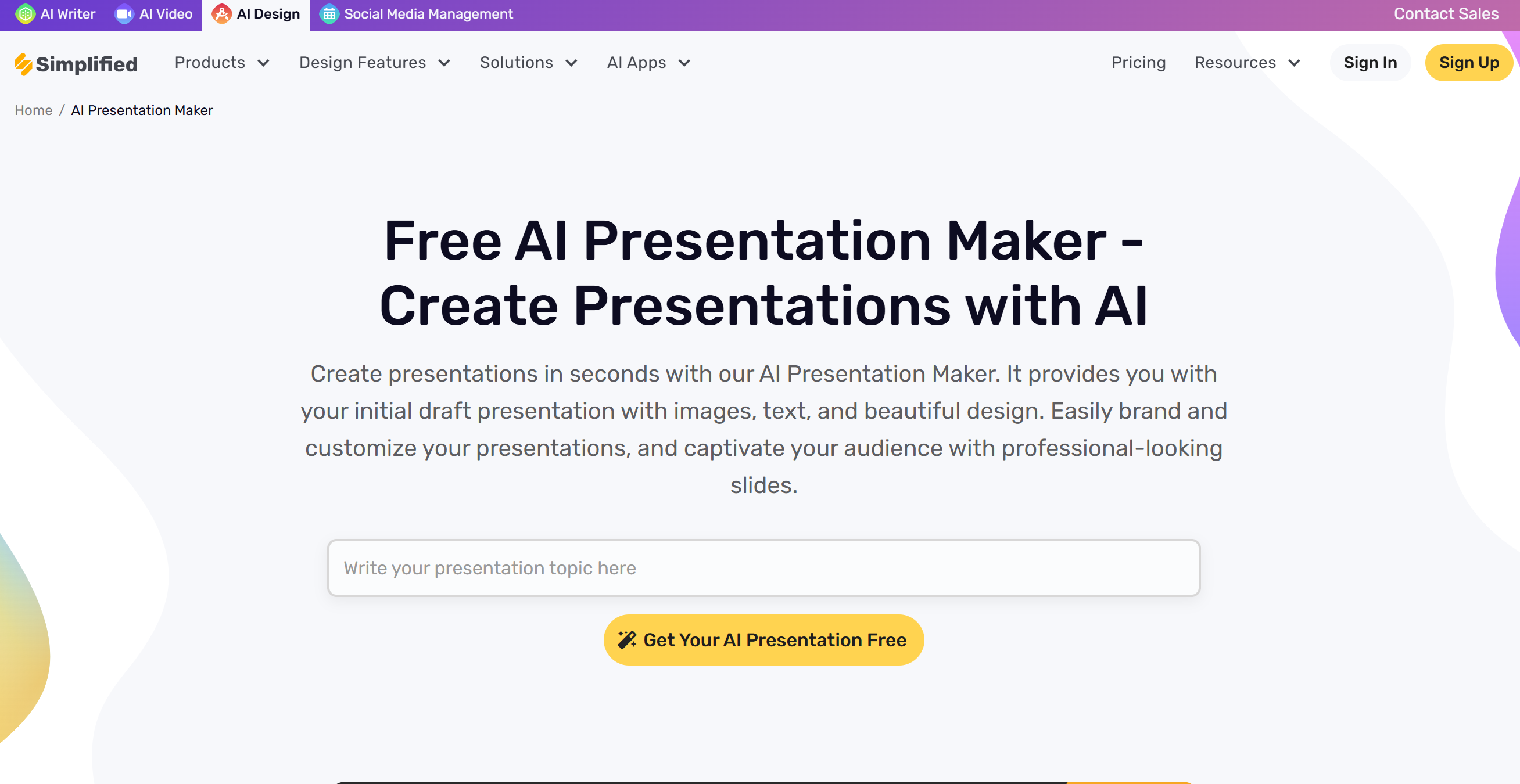 Creating slides with Simplified AI presentation maker