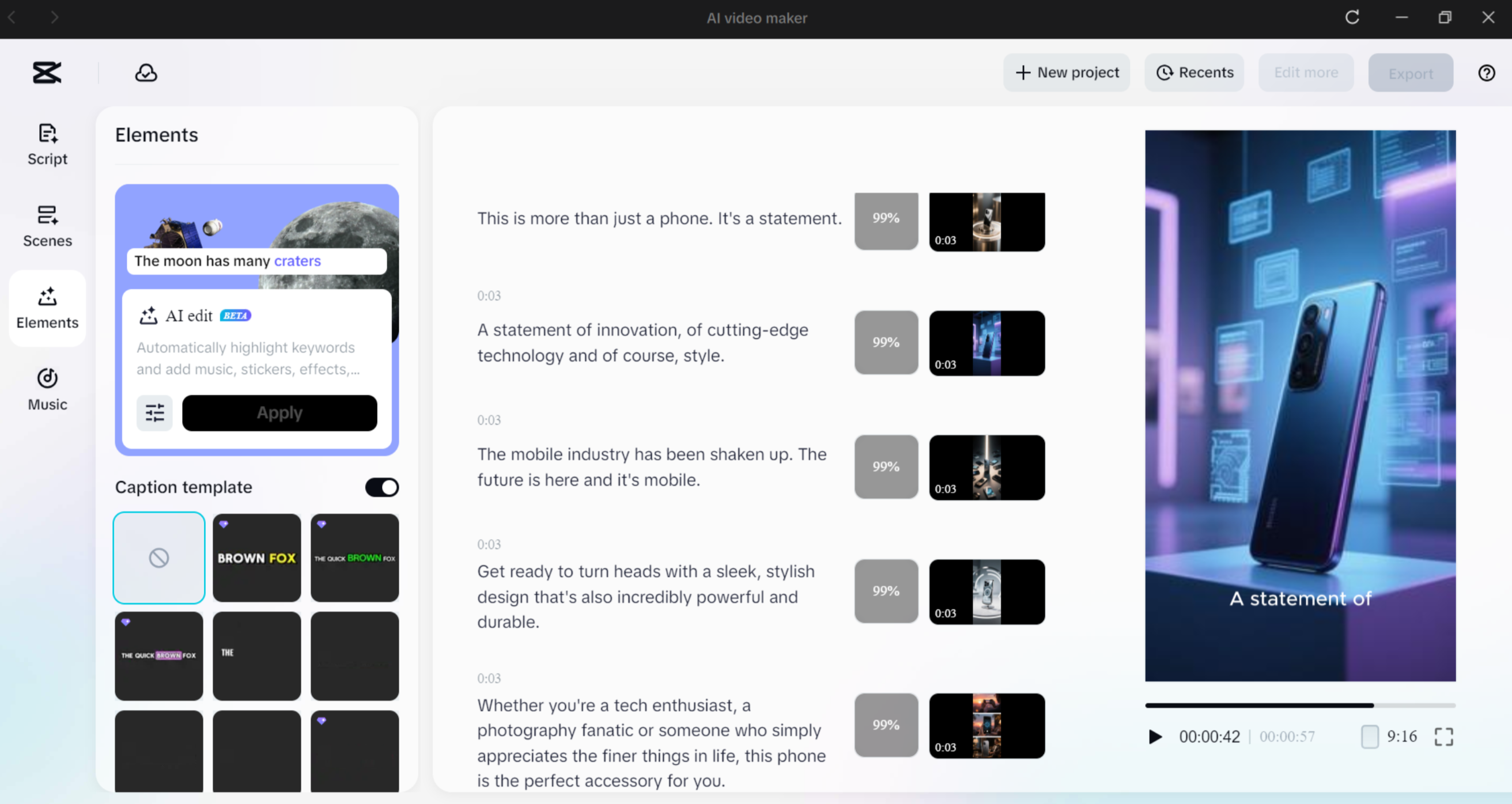 Interface of the CapCut desktop video editor - the best AI video advertisement generator