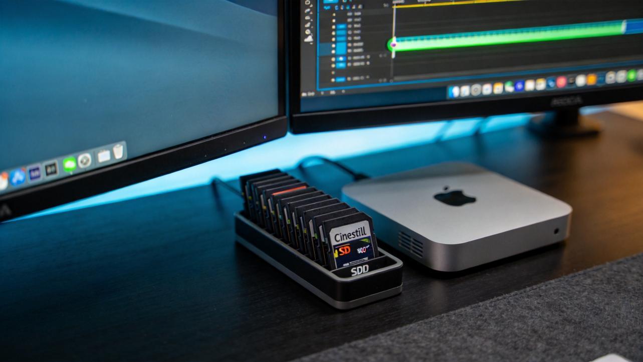 Mac desktop with dual monitors, a video editing timeline, and a tray of SD cards beside a Mac mini